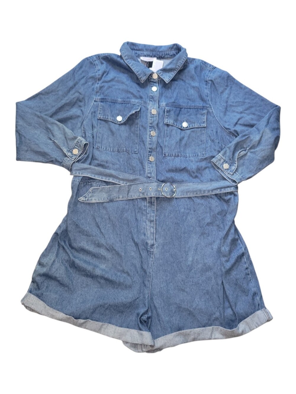 NWT Eloquii Denim Romper Belted Blue Jean Jumpsuit Shorts Long Sleeve 28